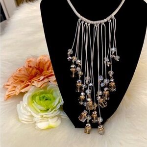 Fringe Beaded Necklace By SACCHI Crystal Squares & Ball Beads NEW!